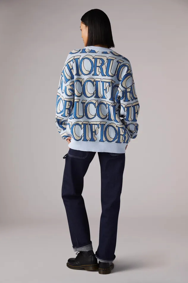 Fiorucci Sweatshirts and Hoodies Unisex Monogram Logo Knit Cardigan Blue Blue 8211 WomenMen