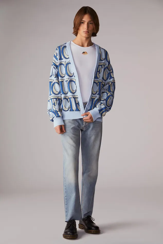 Fiorucci Sweatshirts and Hoodies Unisex Monogram Logo Knit Cardigan Blue Blue 8211 WomenMen