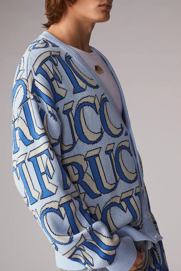 Fiorucci Sweatshirts and Hoodies Unisex Monogram Logo Knit Cardigan Blue Blue 8211 WomenMen
