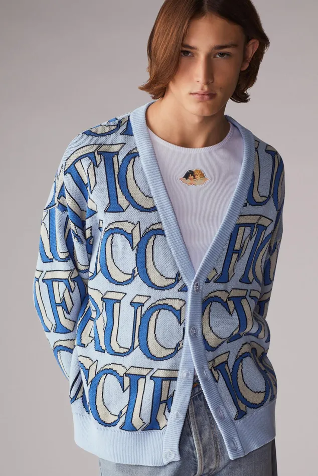 Fiorucci Sweatshirts and Hoodies Unisex Monogram Logo Knit Cardigan Blue Blue 8211 WomenMen