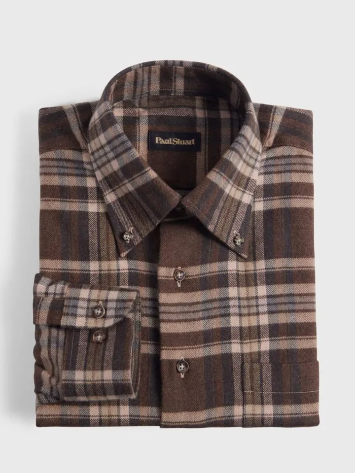 Flannel Plaid Sport Shirt Dark Brown Men Paul Stuart Sport Shirts