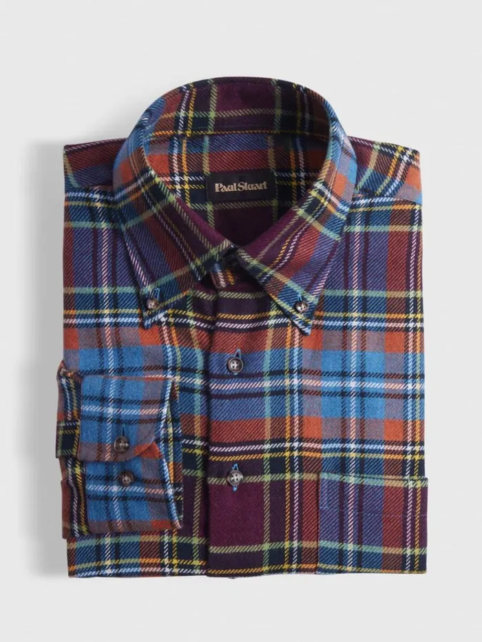 Flannel Plaid Sport Shirt Orange Men Paul Stuart Sport Shirts