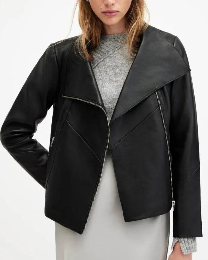 Gray Funnel Neck Draped Leather Jacket Black Women AllSaints Jackets and Coats Gray Funnel Neck Draped Leather Jacket Black Women AllSaints Jackets and Coats