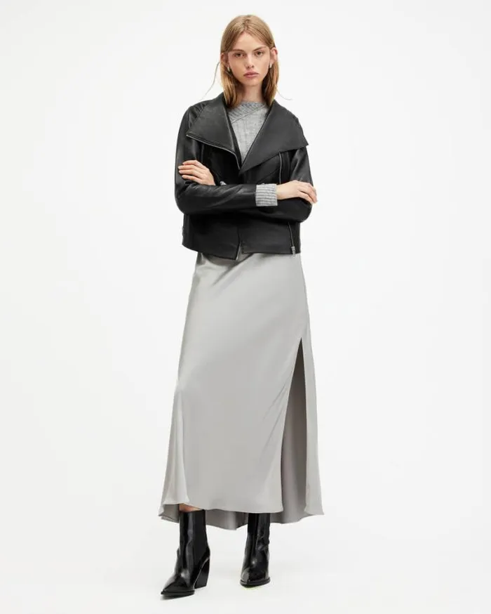 Gray Funnel Neck Draped Leather Jacket Black Women AllSaints Jackets and Coats Gray Funnel Neck Draped Leather Jacket Black Women AllSaints Jackets and Coats