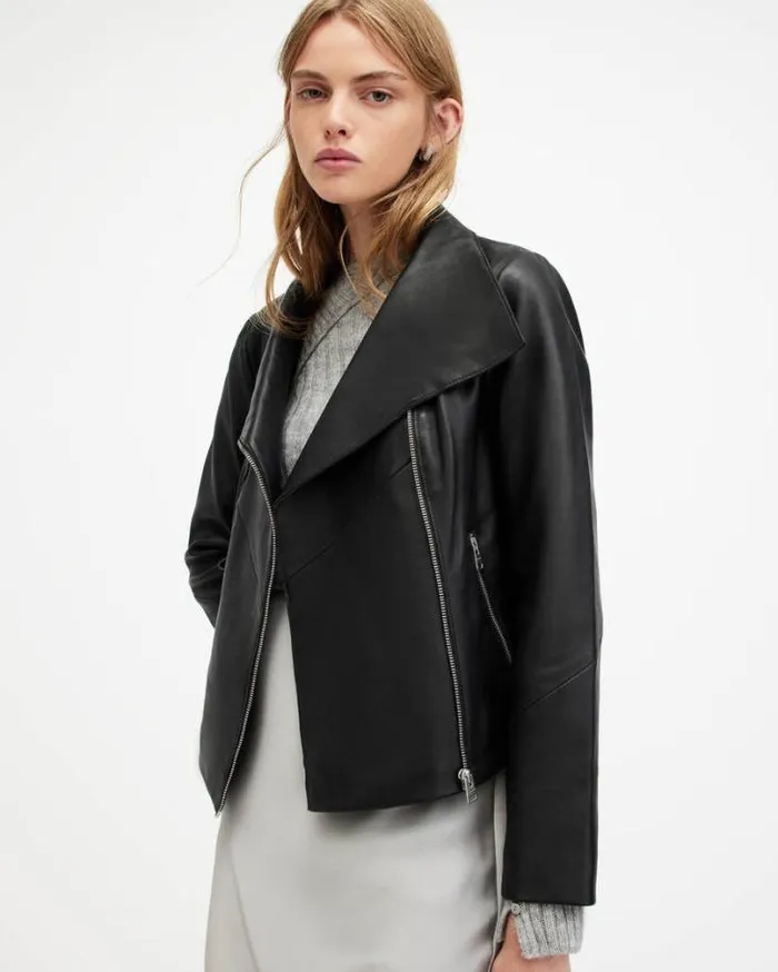 Gray Funnel Neck Draped Leather Jacket Black Women AllSaints Jackets and Coats Gray Funnel Neck Draped Leather Jacket Black Women AllSaints Jackets and Coats