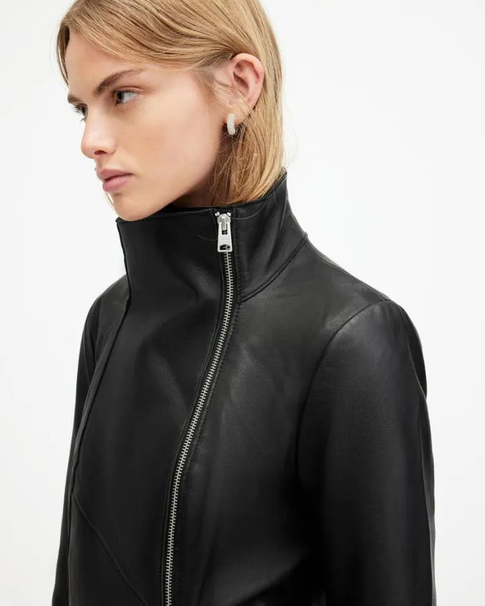 Gray Funnel Neck Draped Leather Jacket Black Women AllSaints Jackets and Coats Gray Funnel Neck Draped Leather Jacket Black Women AllSaints Jackets and Coats