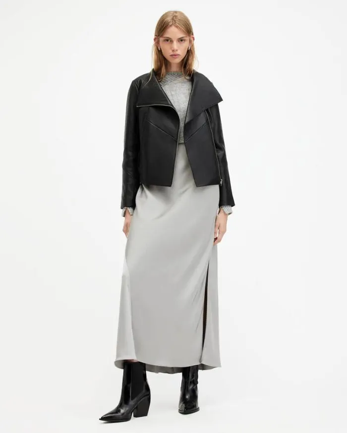 Gray Funnel Neck Draped Leather Jacket Black Women AllSaints Jackets and Coats Gray Funnel Neck Draped Leather Jacket Black Women AllSaints Jackets and Coats