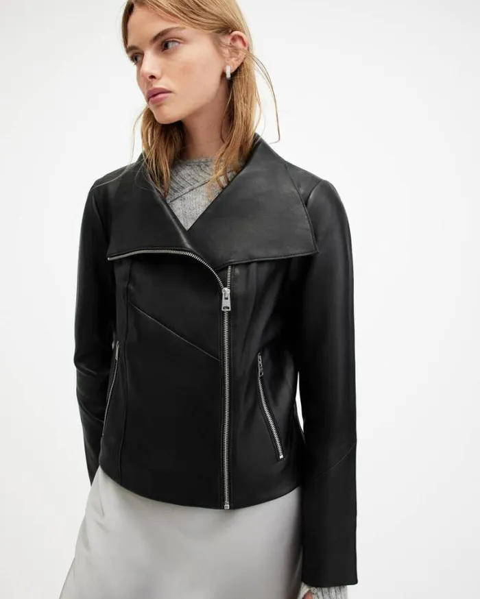 Gray Funnel Neck Draped Leather Jacket Black Women AllSaints Jackets and Coats Gray Funnel Neck Draped Leather Jacket Black Women AllSaints Jackets and Coats