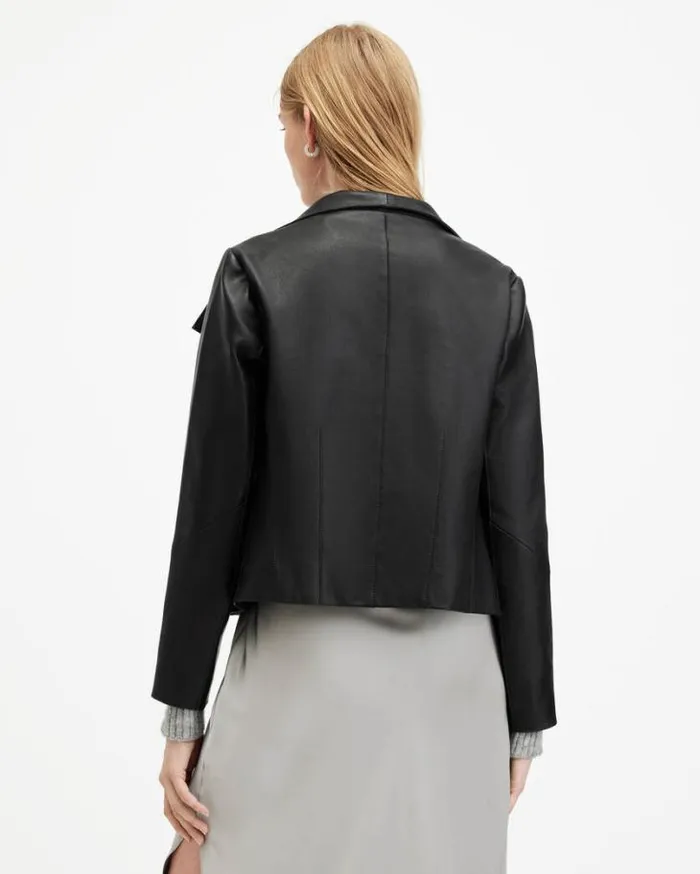 Gray Funnel Neck Draped Leather Jacket Black Women AllSaints Jackets and Coats Gray Funnel Neck Draped Leather Jacket Black Women AllSaints Jackets and Coats