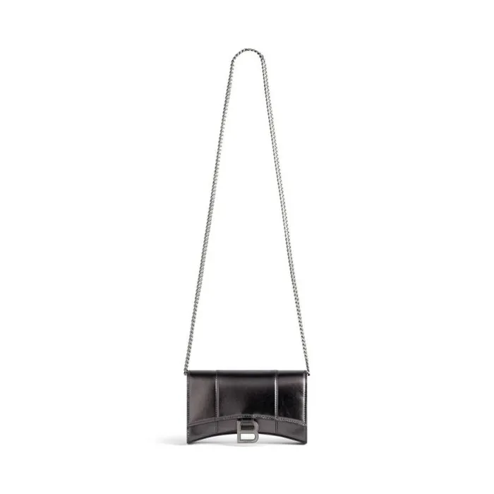 Hourglass Wallet On Chain Metallized In Grey Women Balenciaga Wallets On Chain