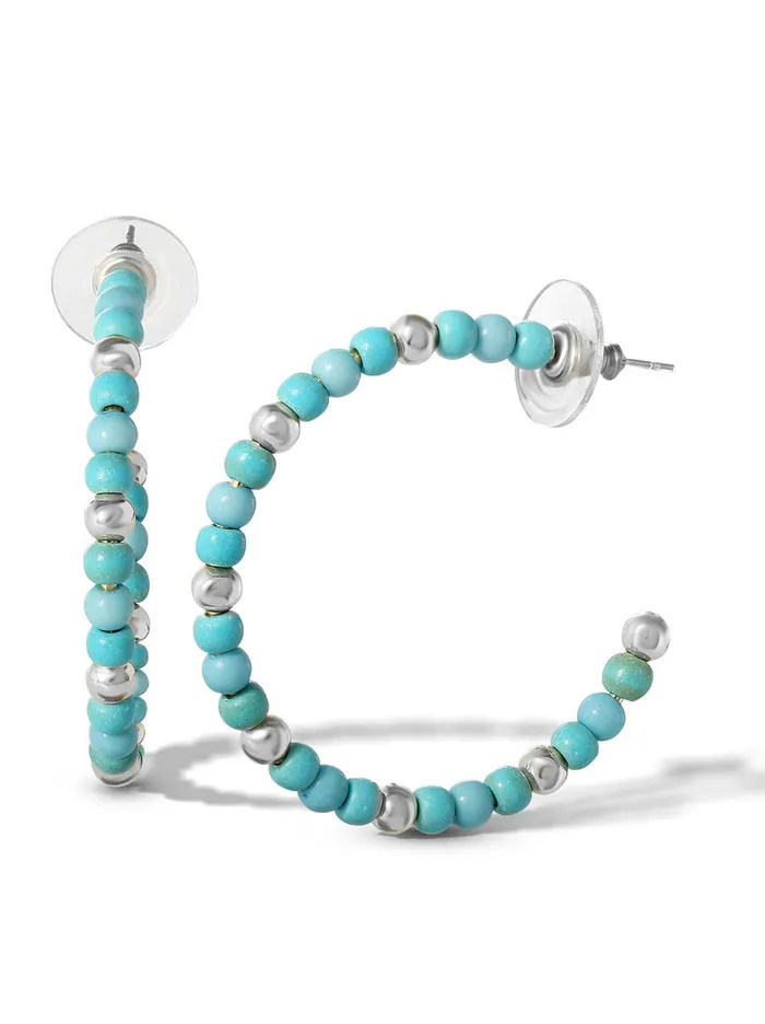 Jessica Simpson Turquoise Collection Accessories Turquoise Bead Hoop Earrings In Silver