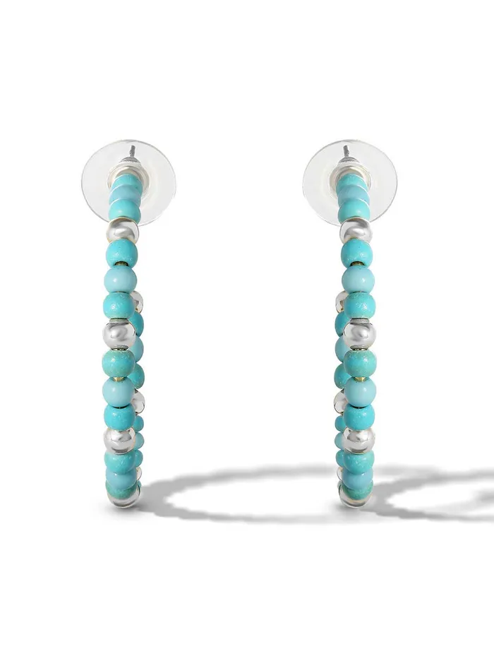 Jessica Simpson Turquoise Collection Accessories Turquoise Bead Hoop Earrings In Silver