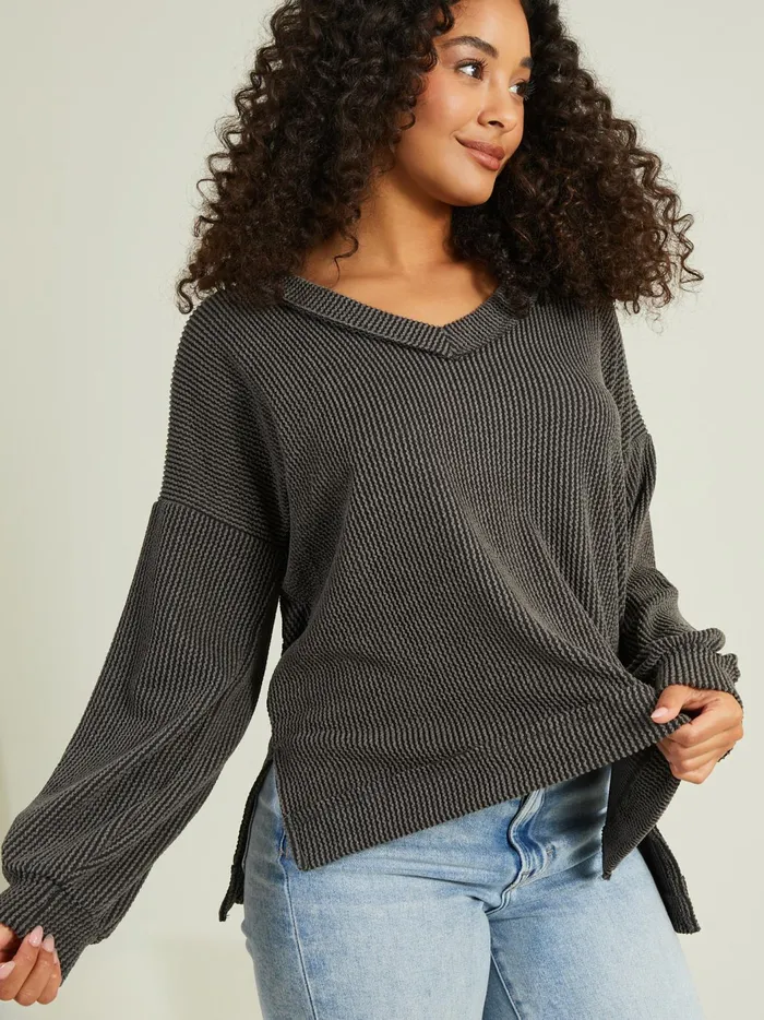 Journee Ribbed VNeck Tunic Charcoal Women Altar039d State Blouses