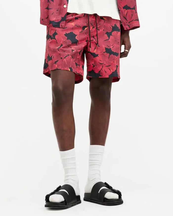 Kaza Elasticated Waist Floral Swimshorts Jet Blkred Men AllSaints Swimwear and Beachwear Kaza Elasticated Waist Floral Swimshorts Jet Blkred Men AllSaints Swimwear and Beachwear