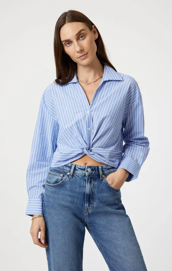 Knot Front Long Sleeve Shirt In Blue Striped Women Mavi Jeans Tops and TShirts
