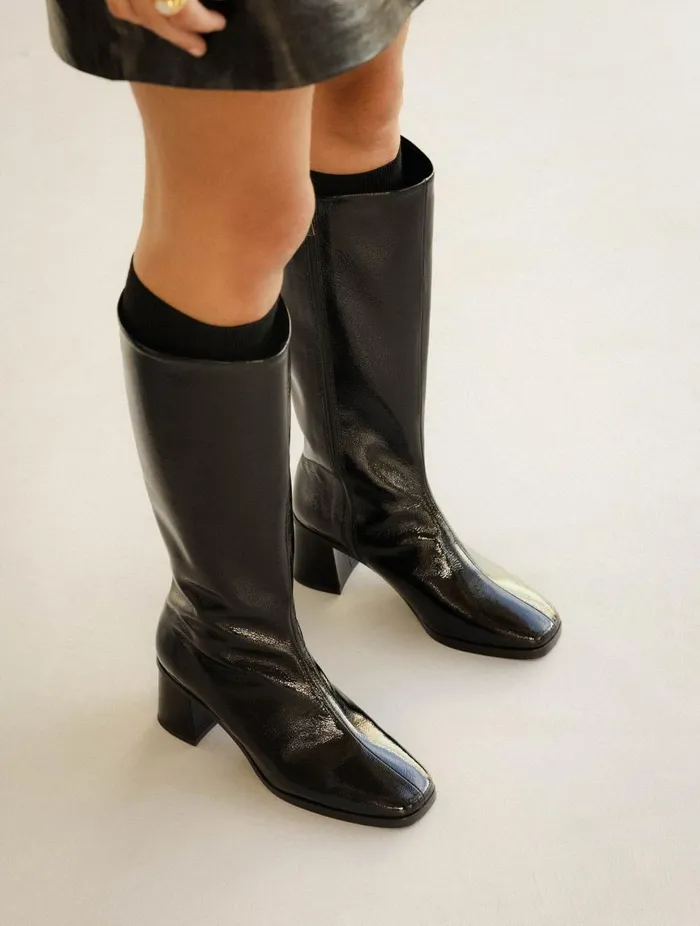 Lala Black Vinyl Women Bobbies Knee High Boots