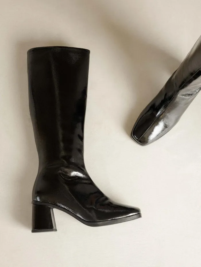 Lala Black Vinyl Women Bobbies Knee High Boots