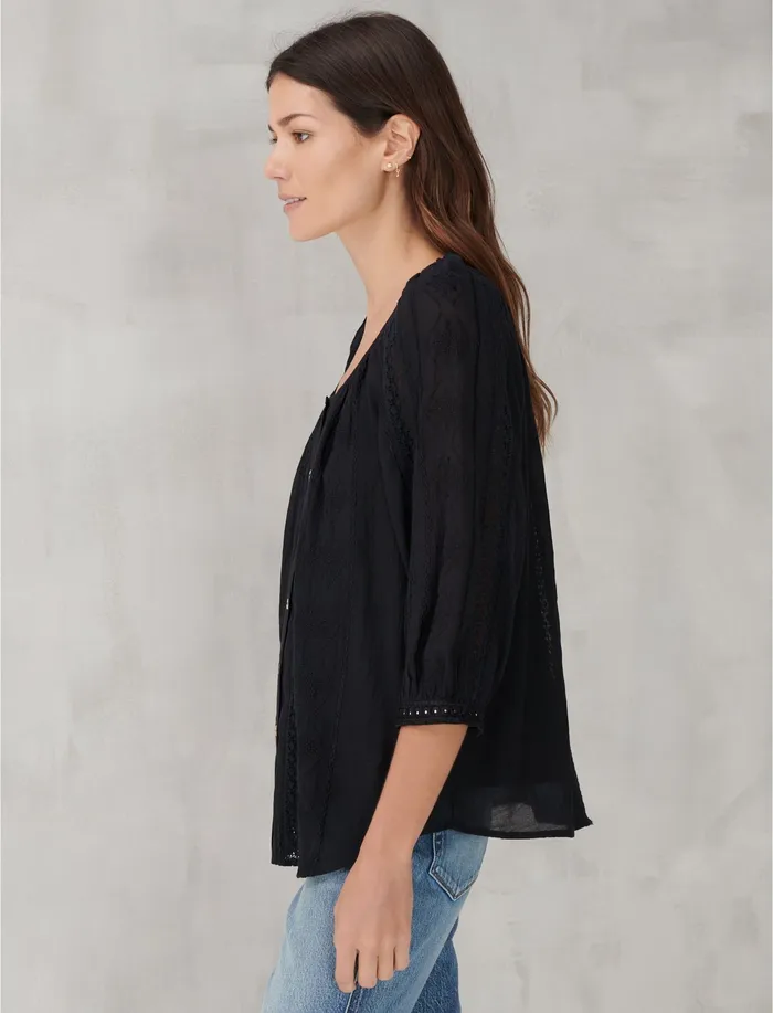 LACE INSET EMBROIDERED BUTTON TOP Lucky Black Women Blouses Lucky Brand
