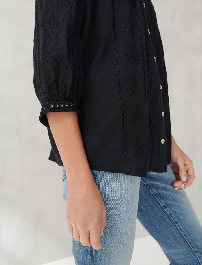 LACE INSET EMBROIDERED BUTTON TOP Lucky Black Women Blouses Lucky Brand