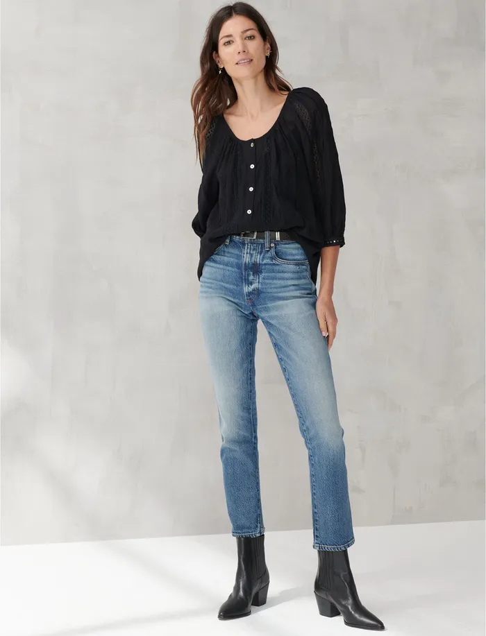 LACE INSET EMBROIDERED BUTTON TOP Lucky Black Women Blouses Lucky Brand