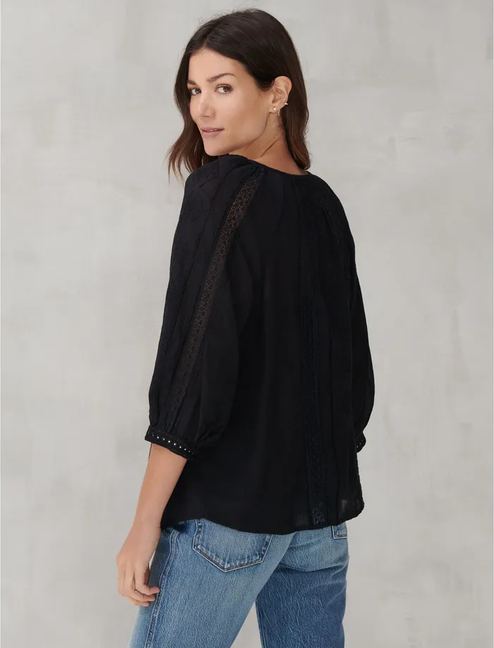 LACE INSET EMBROIDERED BUTTON TOP Lucky Black Women Blouses Lucky Brand