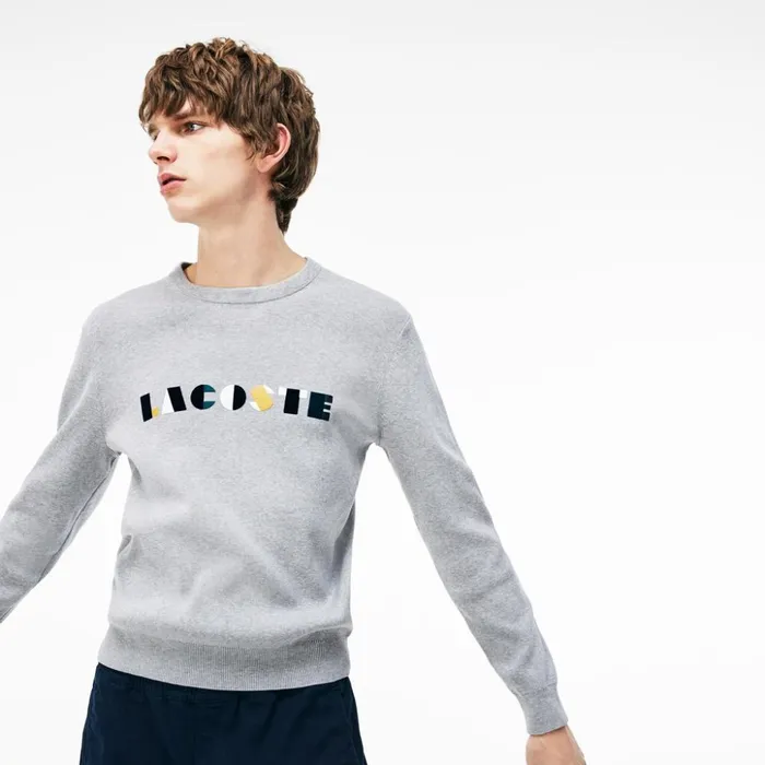 Lacoste Crew Neck Lettering Ribbed Pima Cotton Sweater GreyWhite Mens Sweaters Christmas Lacoste Crew Neck Lettering Ribbed Pima Cotton Sweater GreyWhite Mens Sweaters Christmas