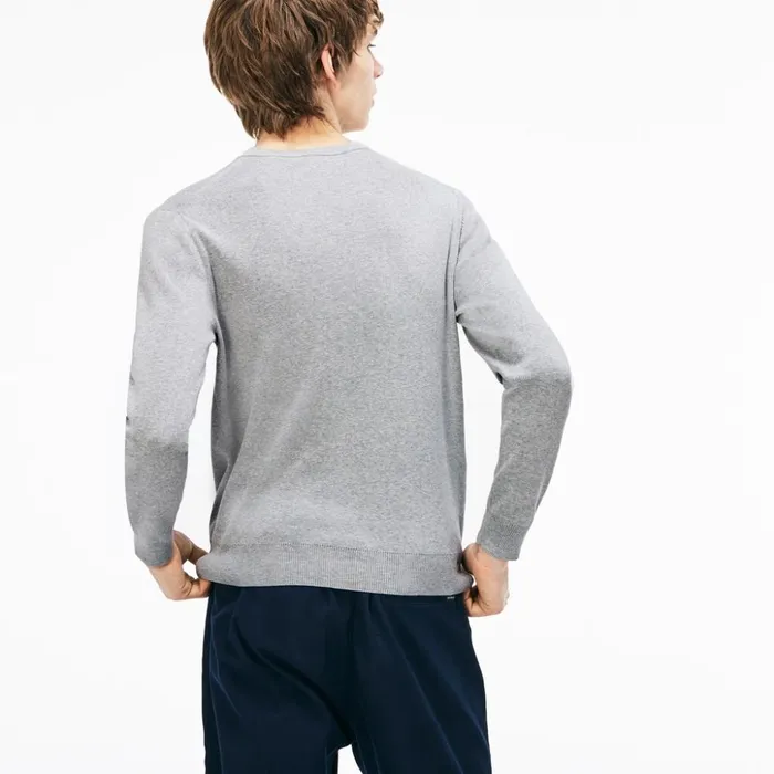 Lacoste Crew Neck Lettering Ribbed Pima Cotton Sweater GreyWhite Mens Sweaters Christmas