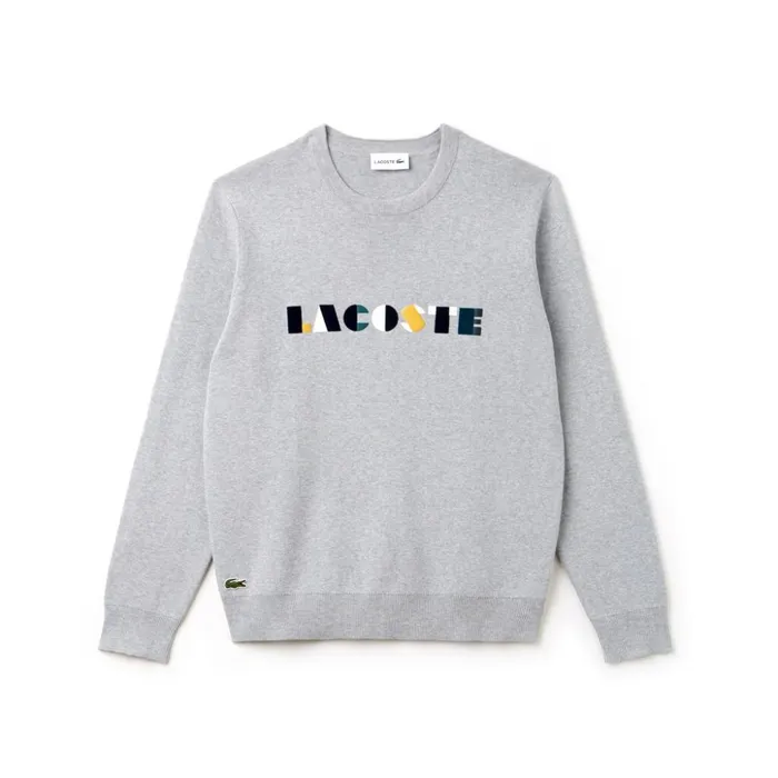 Lacoste Crew Neck Lettering Ribbed Pima Cotton Sweater GreyWhite Mens Sweaters Christmas