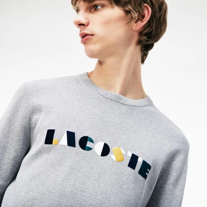 Lacoste Crew Neck Lettering Ribbed Pima Cotton Sweater GreyWhite Mens Sweaters Christmas