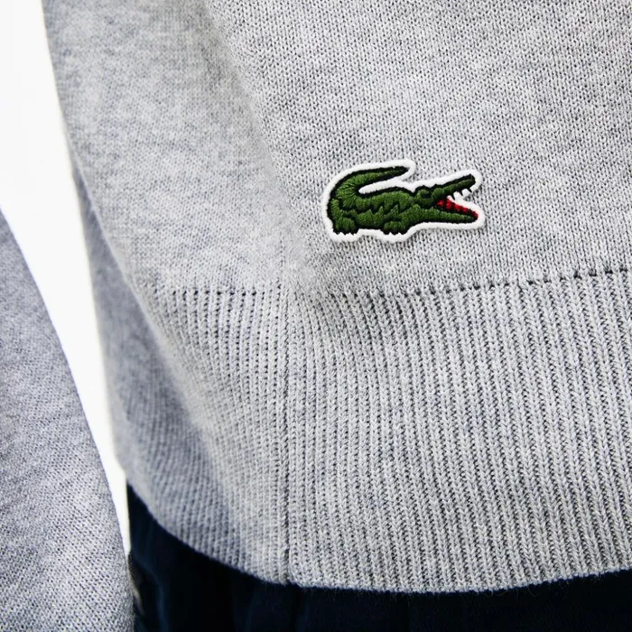 Lacoste Crew Neck Lettering Ribbed Pima Cotton Sweater GreyWhite Mens Sweaters Christmas