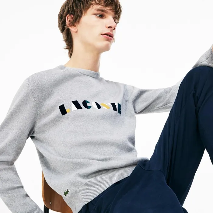 Lacoste Crew Neck Lettering Ribbed Pima Cotton Sweater GreyWhite Mens Sweaters Christmas