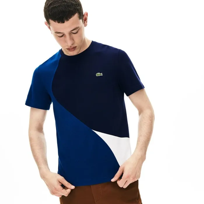 Lacoste Crewneck ColorBlocked Thermoregulating Piqu TShirt BlueWhiteNavy Blue Mens TShirts Gift Near Me