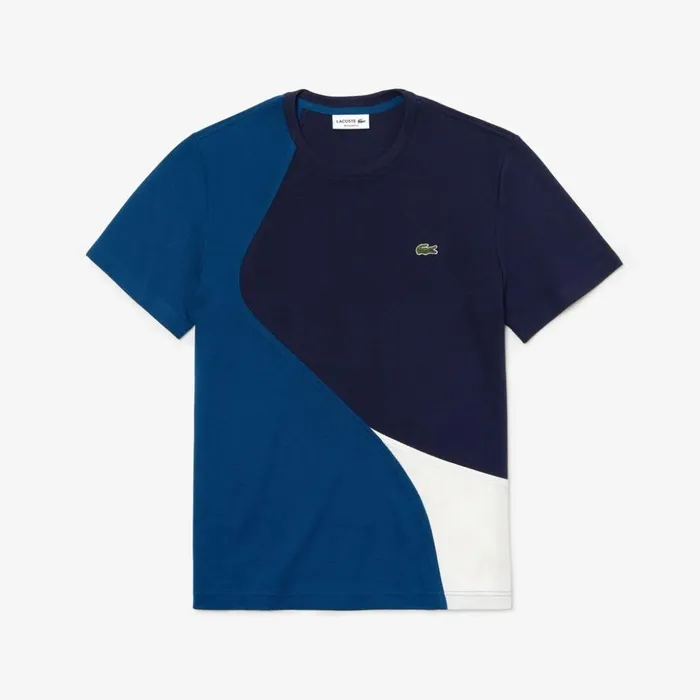 Lacoste Crewneck ColorBlocked Thermoregulating Piqu TShirt BlueWhiteNavy Blue Mens TShirts Gift Near Me