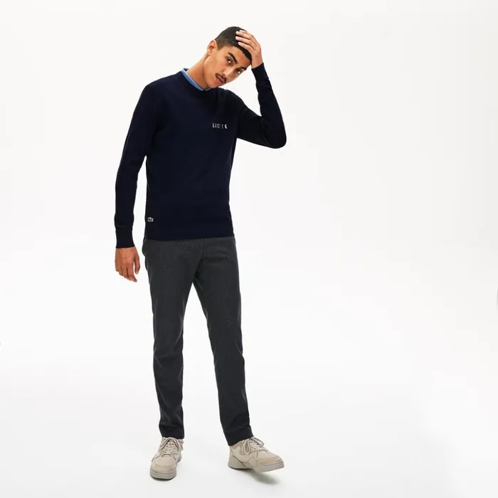 Lacoste Crewneck Embroidered Cotton Blend Sweater Navy Blue Mens Sweaters Gift 4 You