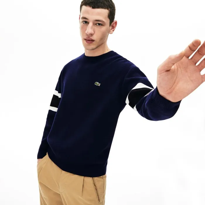 Lacoste Crewneck StripedSleeve Heathered Jacquard Sweater Navy BlueBlackWhiteYellow Mens Sweaters Casaul Lacoste Crewneck StripedSleeve Heathered Jacquard Sweater Navy BlueBlackWhiteYellow Mens Sweaters Casaul