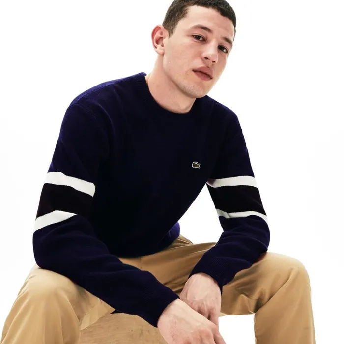 Lacoste Crewneck StripedSleeve Heathered Jacquard Sweater Navy BlueBlackWhiteYellow Mens Sweaters Casaul