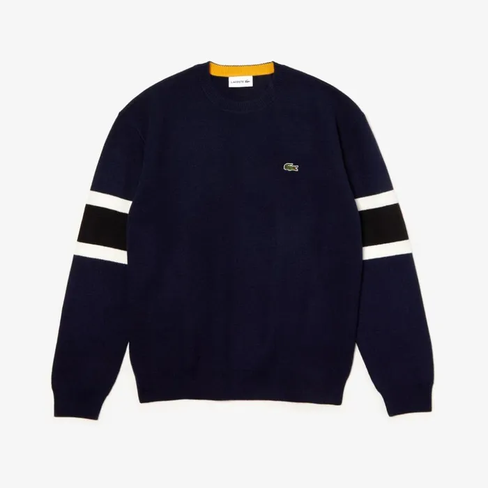 Lacoste Crewneck StripedSleeve Heathered Jacquard Sweater Navy BlueBlackWhiteYellow Mens Sweaters Casaul