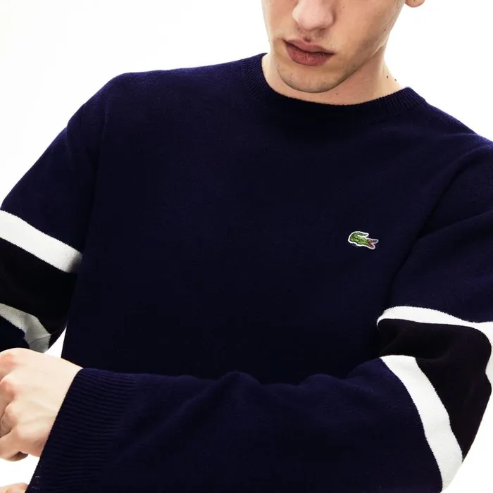 Lacoste Crewneck StripedSleeve Heathered Jacquard Sweater Navy BlueBlackWhiteYellow Mens Sweaters Casaul