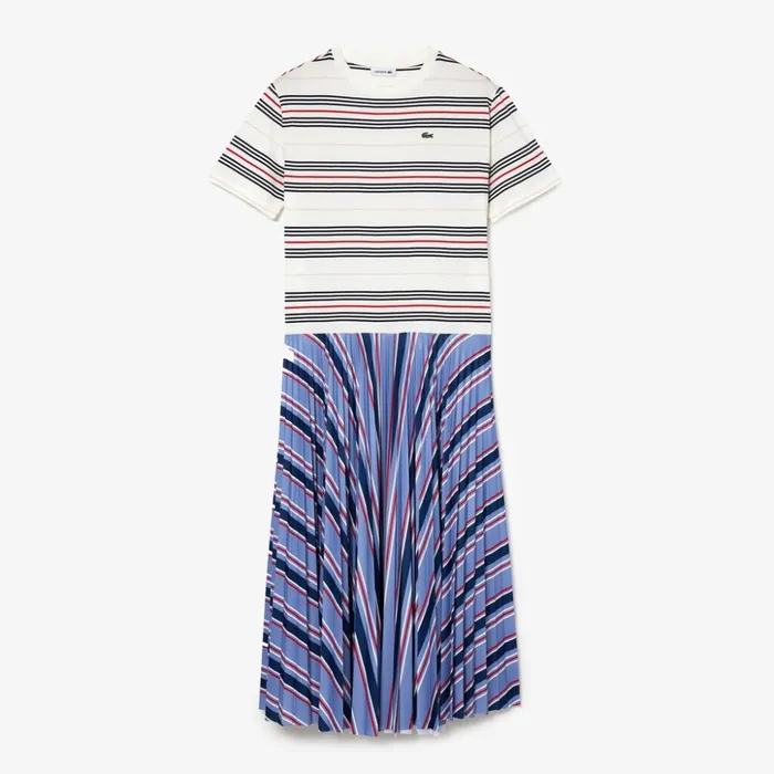Lacoste Dissimilar Striped Pleated Jersey Tshirt Dress PurpleNavy BlueWhiteRedLight Pink Womens Dresses and Skirts Online Shopping