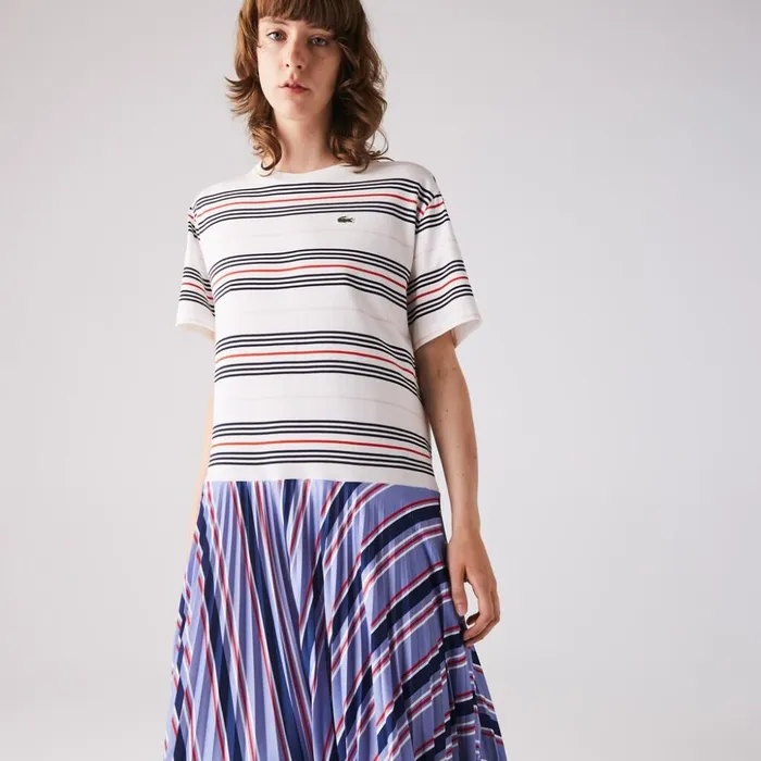 Lacoste Dissimilar Striped Pleated Jersey Tshirt Dress PurpleNavy BlueWhiteRedLight Pink Womens Dresses and Skirts Online Shopping