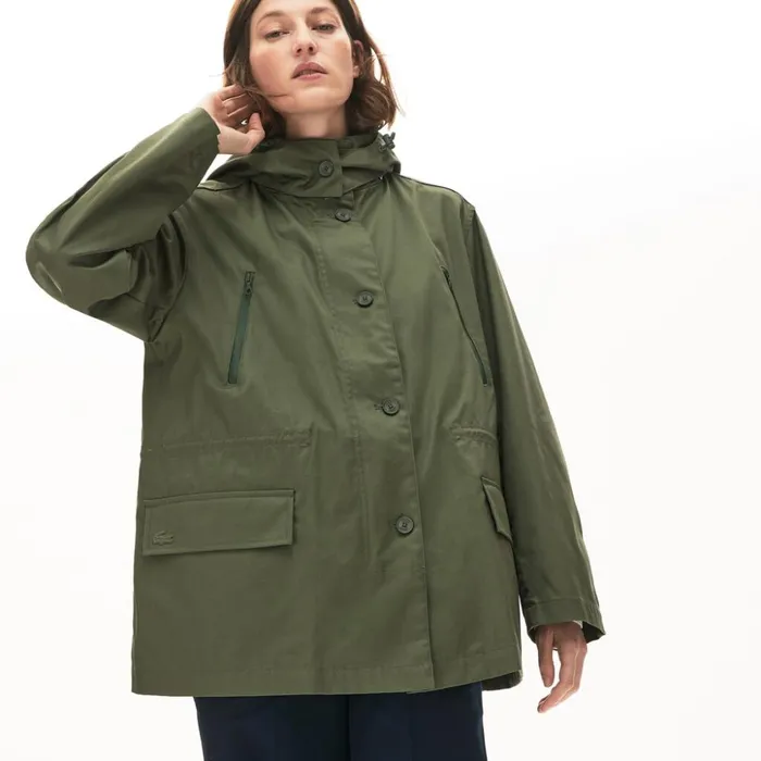 Lacoste Flared WaterResistant Parka Khaki Green Womens Jackets and Coats Christmas Gift