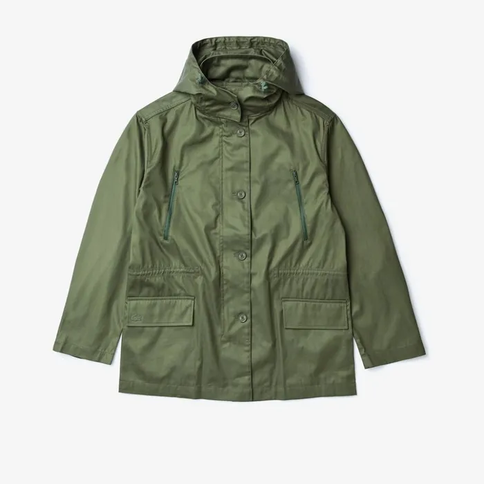 Lacoste Flared WaterResistant Parka Khaki Green Womens Jackets and Coats Christmas Gift