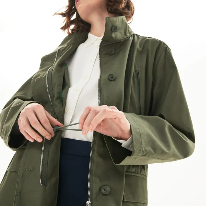 Lacoste Flared WaterResistant Parka Khaki Green Womens Jackets and Coats Christmas Gift