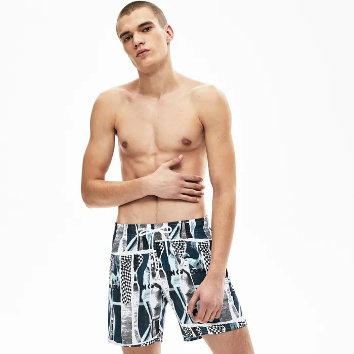 Lacoste LIVE Graphic Print Lightweight Swimming Trunks WhiteBlueWhite Mens Swimwear Near Me Lacoste LIVE Graphic Print Lightweight Swimming Trunks WhiteBlueWhite Mens Swimwear Near Me