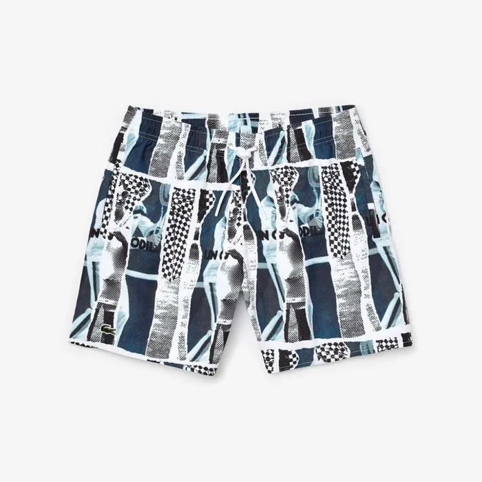 Lacoste LIVE Graphic Print Lightweight Swimming Trunks WhiteBlueWhite Mens Swimwear Near Me