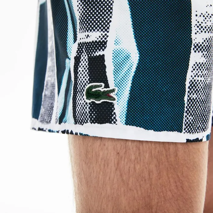 Lacoste LIVE Graphic Print Lightweight Swimming Trunks WhiteBlueWhite Mens Swimwear Near Me