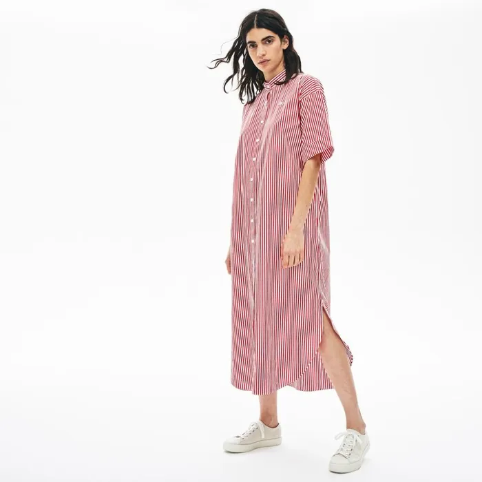 Lacoste LIVE Striped Cotton Maxi Dress WhiteRed Womens Dresses and Skirts Casaul