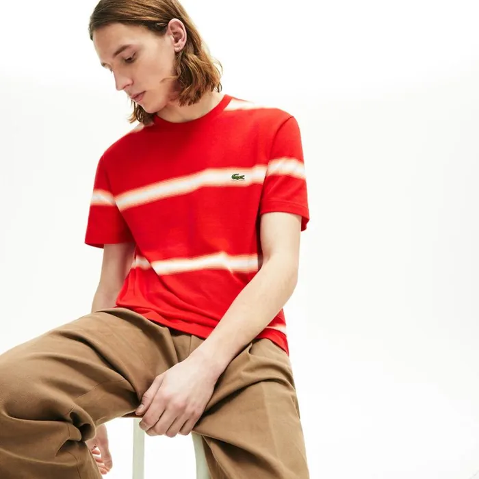 Lacoste Made in France Striped Cotton Piqu Crew Neck Tshirt RedWhite Mens TShirts Near Me