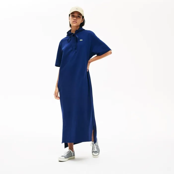 Lacoste Oversized Hooded Organic Cotton Piqu Polo Dress Navy Blue Womens Dresses and Skirts Gift Near Me