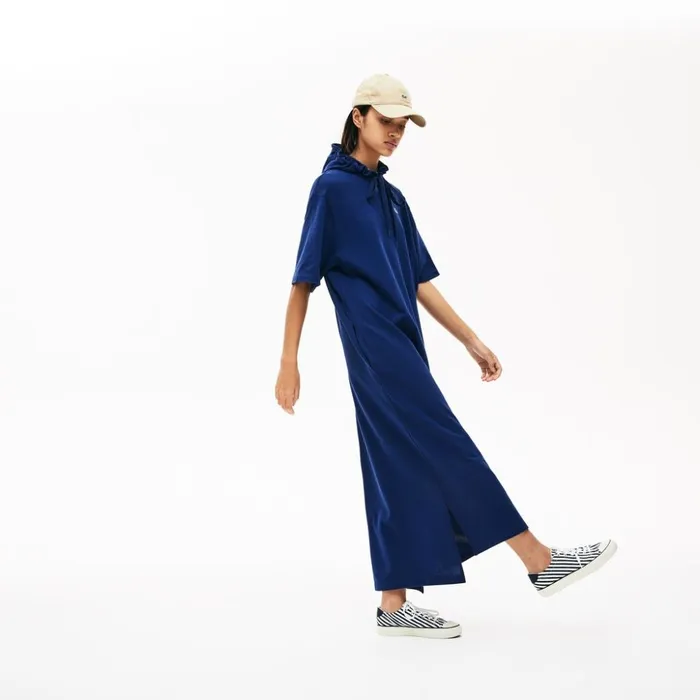 Lacoste Oversized Hooded Organic Cotton Piqu Polo Dress Navy Blue Womens Dresses and Skirts Gift Near Me